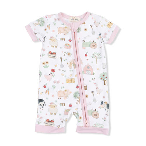 Shortie 2-Way Zip Romper, Cute Farm Animals Pink