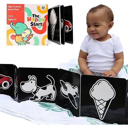 Happy Start Award-Winning High Contrast Board Book - Newborn Black & White Baby Cards, Easy to Clean, Hospital Approved, Stands on Its Own, Tummy Time Toy, Ages 0+ (English)