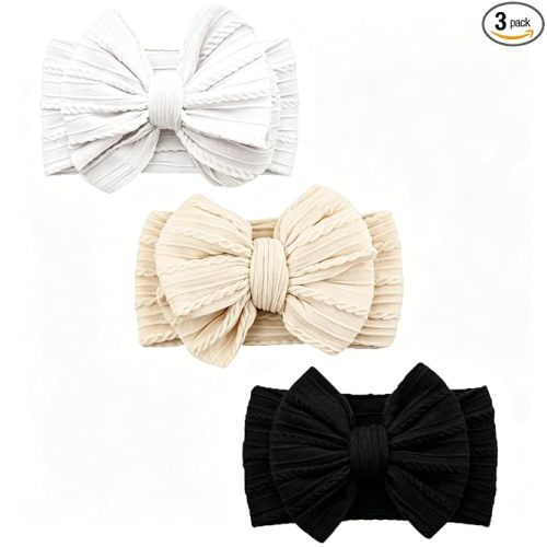Baby Bows Headbands Soft Nylon Handmade Hair Accessories for Newborn Infant Toddler Kids (3 Mixed White, Large)
