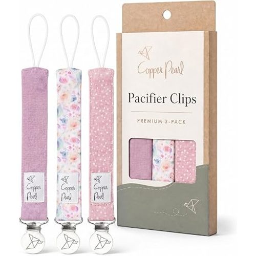 Copper Pearl Premium Knit Pacifier Clips 3-Pack: Stylish Stainless Steel Holders for Baby Girls and Boys - Prevents Floor Drops - Bloom Design