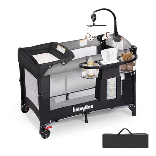 LININYHAO 4 in 1 Height Adjustable Baby Playard, Foldable Nursery Center with Music Box Toy Rack, Side Storage, Changing Table, Large Portable Playpen for Newborns and Toddlers(Gray)