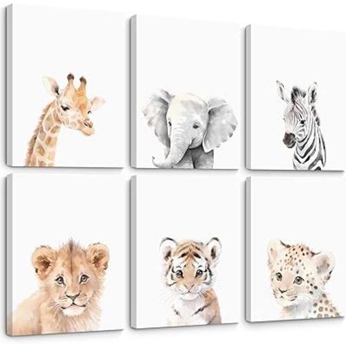 Nursery Animal Wall Art Decor Baby Safari Canvas Prints Jungle Animal Wall Art Poster Baby Room Art Nursery Safari Pictures for Bedroom Boys Room 8x10 Inch Wrapped Canvas Set of 6
