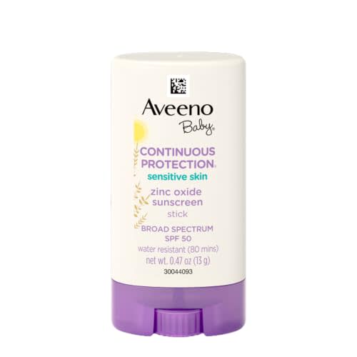 Aveeno Baby Continuous Protection Mineral Sunscreen Stick for Sensitive Skin with Broad Spectrum SPF 50 Protection for Face & Body, Naturally Sourced 100% Zinc Oxide, Travel Size, 0.47 oz