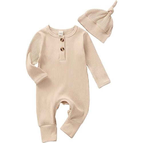 Infant Boys Girls Clothes Set Newborn Baby Romper Hat Ribbed Knit Long Sleeve Button Solid Bodysuit Jumpsuit