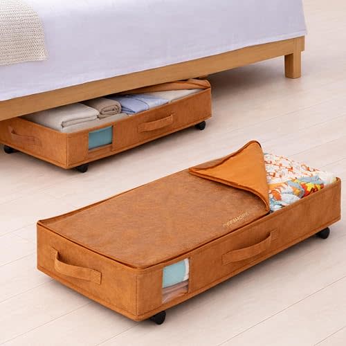 53L Under Bed Storage with Wheels | Premium Vegan Leather Rolling Organizer with Reinforced Metal Frame & Zippered Cover for Clothes, Shoes, Bedding & Seasonal Items | Built to last for Years