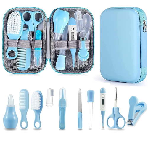 Baby Grooming and Healthcare Kit, 10Pcs Blue Newborn Nursery Safety Set with Thermometer, Nail Clipper, Brush Comb, Baby Care Kit for Infant Toddlers Baby Boys Girls