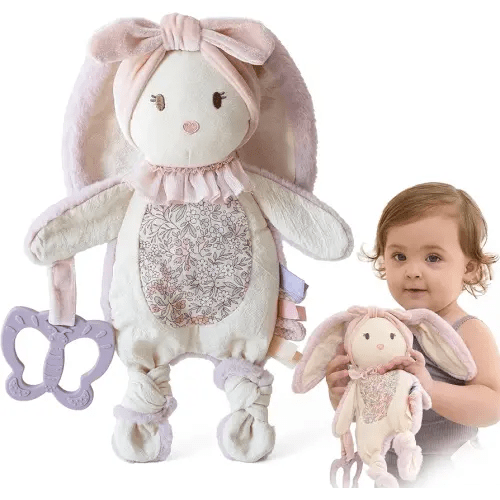 Moonkie Baby Lovey with Silicone Teether, Bunny Security Blanket with Textured Ribbons, Crinkle Toys, Soft Minky Velour & Natural Cotton, Newborn Girl Gift for Baby Shower or Birthday