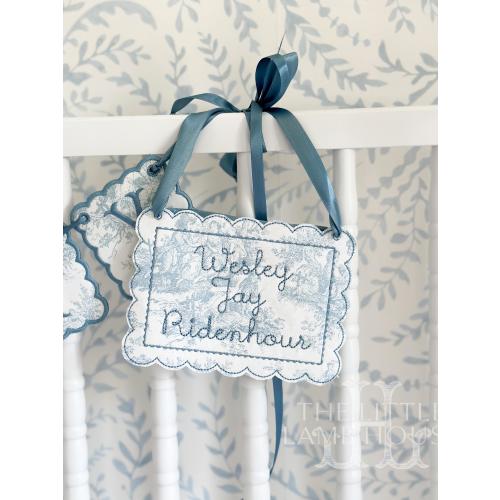 Personalized Blue Toile Baby Name Sign – Embroidered Newborn Announcement Door Hanger, Custom Applique Nursery Decor, Boy Baby Shower Gift