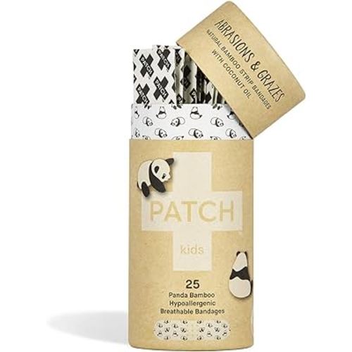 PATCH Kids Eco-Friendly Bamboo Bandages for Abrasions & Grazes Hypoallergenic Wound Care for Sensitive Skin, Compostable, Biodegradable, Latex Free, Plastic Free, Zero Waste, Coconut Oil, 25ct