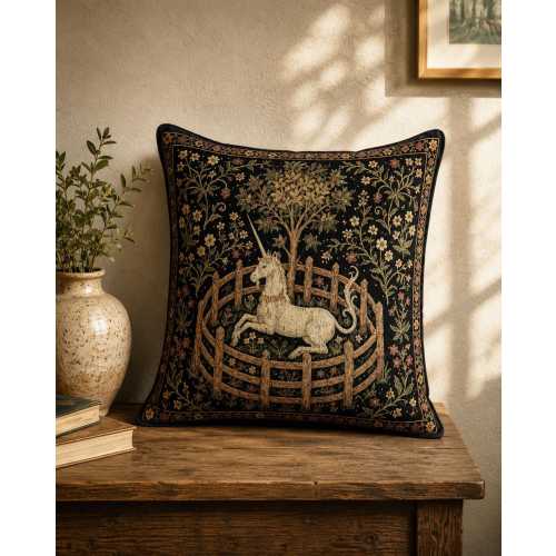 Medieval Unicorn in Captivity Woven Pillow, Gothic Dark Academia Decor, Medieval Tapestry Floral Cushion, Cottagecore History Lover Gift