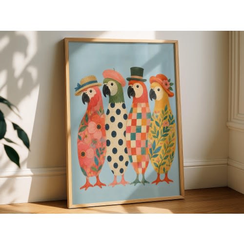 Vintage Parrot Wall Art, Colorful Tropical Bird Poster, Floral Parrots in Hats Decor
