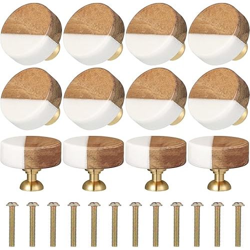 Qunclay 12 Pcs White Marble Stone Knobs Wood Modern Drawer Dresser Knobs Round Dresser Pull Handle Hardware Decorative Wood Drawer Small Furniture for Cupboard Cabinet Desk