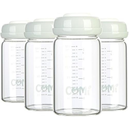 COMI Wide Neck Glass Breastmilk Collection n Storage Bottle, 4 Packs, 6oz with Screw Ring Sealing Disk; Re-markable Sealing Disc. BPA Free, Fits Breast Pumps & Nipples (4 Gray Lids)