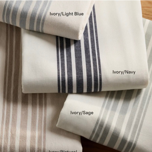 Coastal Stripe Linen Cotton True Blackout Curtain in Ivory/Sage Green