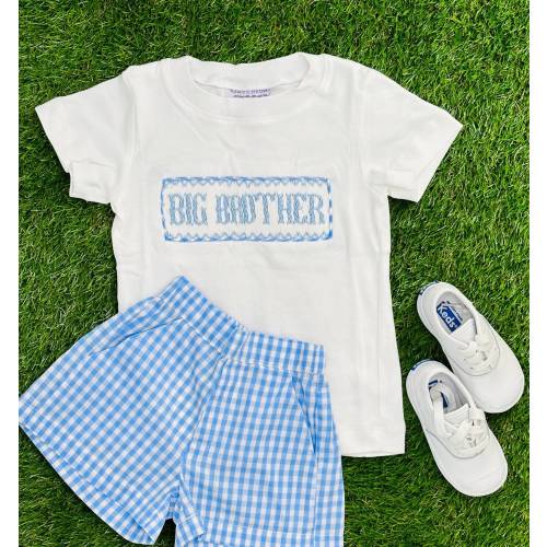 Big Brother Smocked Shirt: Shorts sold separate - White Knit Shirt - Coordinating Sibling outfits, Gender reveal 439 *E