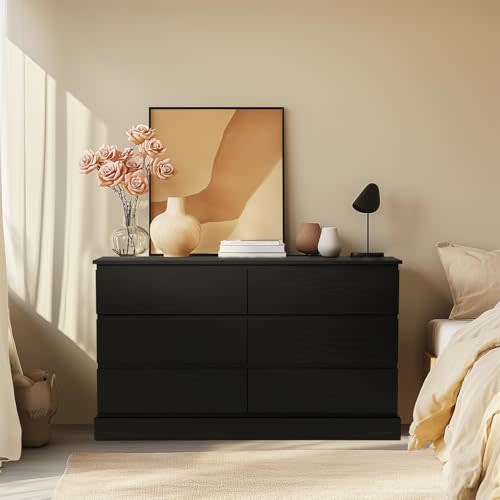 VECHOLL Black Dresser with 6 Drawers Modern Dresser for Bedroom Freestanding Wood Dresser Wide Chest of Drawers with Sturdy Base Storage for Living Room, Hallway, Entryway