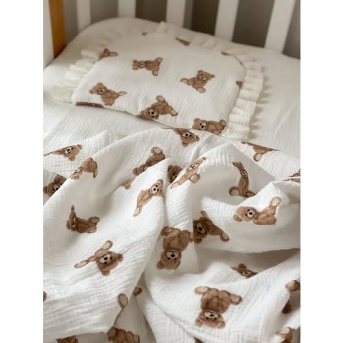 Baby Shower Gift, Teddy bear nursery, muslin baby swaddle blanket+ruffle pillow, baby crib bedding set, Pure Cotton Bedding Set