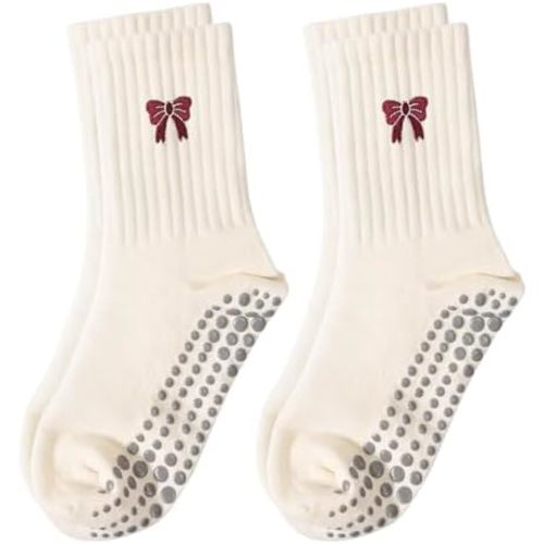 Pilates Yoga Grip Socks for Women, Bow-Patterned Ruffled Crew Socks Ideal for Fitness, Ballet Bar Work&Dance