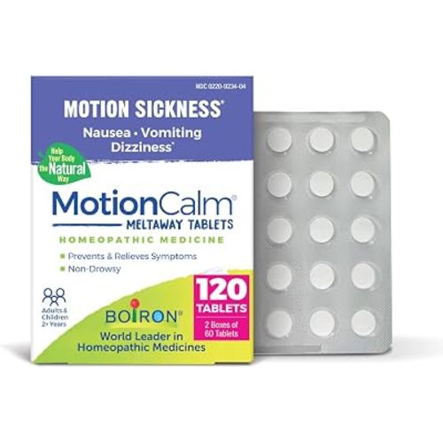 Boiron MotionCalm Relief for Nausea, Vomiting, or Dizziness from Motion Sickness, Carsickness, Seasickness, Amusement Rides, and Video Games or VR - Non-Drowsy - 120 Count (2 Pack of 60)