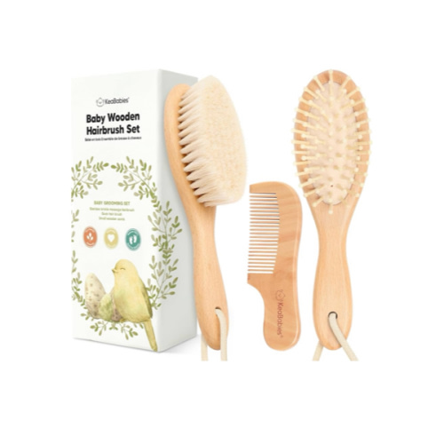 Baby Hair Brush and Comb Set for Newborn - Wooden Baby Hair Brush Set with Soft Goat Bristle, Baby Brush Set for Newborns Baby Brush and Comb Set Girl, Boy, Toddler Cradle Cap Brush (Oval, Walnut)