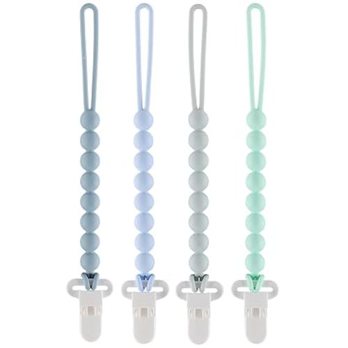 4-Pack Silicone Pacifier Clips with One-Piece Beads for Baby Boys and Girls - Flexible and Rust-Free Holders for Teething Relief and Baby Essentials, Safe for Newborns (Blue)