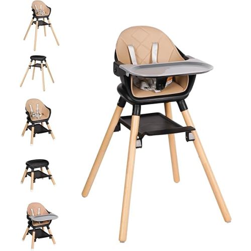 High Chair, 6 in 1 Wooden Convertible High Chairs for Babies and Toddlers, Booster Seat with Double Tray & Reversible Footrest Baby Highchair, 5-Point Harness Baby Feeding Chair, Black