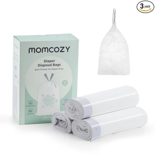 Momcozy 13 Gallon Drawstring Diaper Pail Bags, 45 Count Trash Bag Refills, 3 Rolls x 15 Bags, Compatible with Momcozy Diaper Pail, Ultra-Thick Disposable Diaper Disposal Bags for Nursery