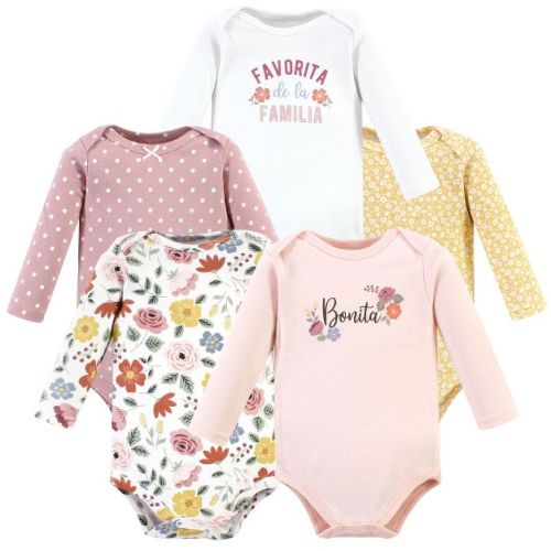 Hudson Baby Infant Girl Cotton Long-Sleeve Bodysuits, Bonita 5 Pack, Preemie