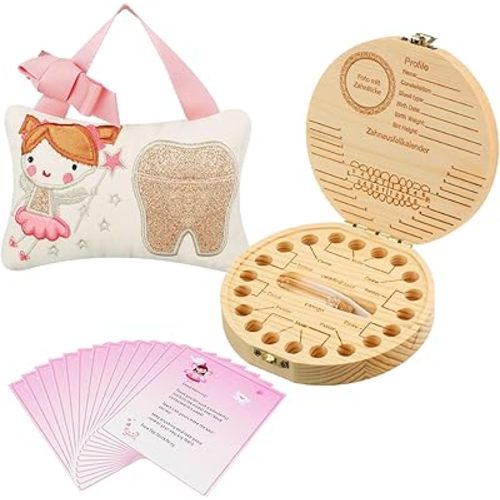 Qunclay Tooth Fairy Kits Includes 3.9 x 5.9 Inch Cute Tooth Fairy Pillow Wooden Keepsake Box Container and 20 Warm Letters(Pink,Girl Style)