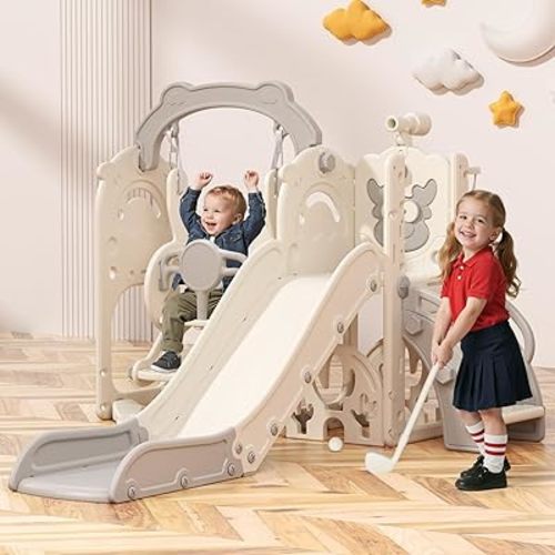 BIERUM Toddler Slide and Swing Set, 7-in-1 Indoor Outdoor Toddler Playset with Climber, Basketball Hoop & Golf Toys, Playground for Kids Ages 1+, Cream&Gray