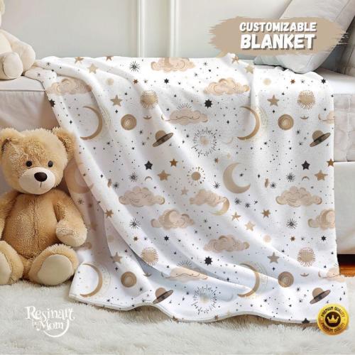 Moon and Stars Baby Blanket: Minky Fleece Celestial Nursery Bedding