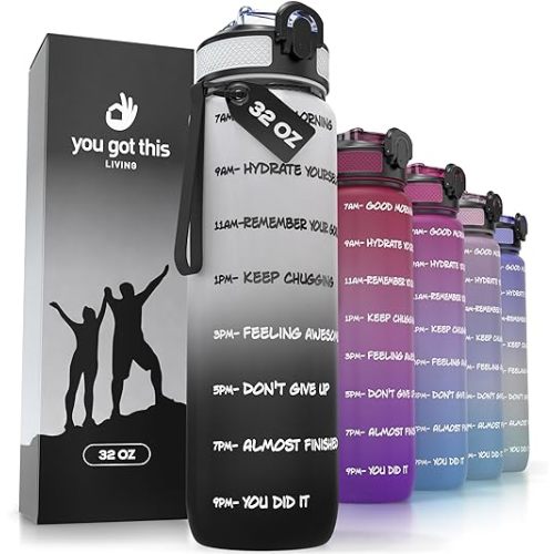 Motivational Water Bottle with Time Marker, 32 oz Water Bottle, Sports Water Bottle with Spout, Achieve All-Day Hydration SpillProof, BPA FREE - Mix-Black/White