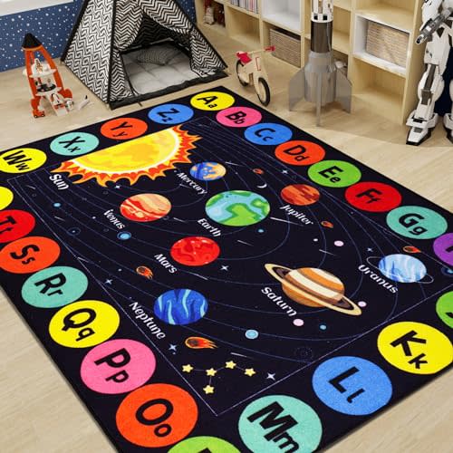 AKASISRUG Outer Space Kids Rug Carpet for Playroom, ABC Educational Learning Area Rug, Non-Slip Solar System Road Play Play Rug for Kids Bedrooms, Classroom, Nursery Room Decor (Black, 59X39.4 INCH)