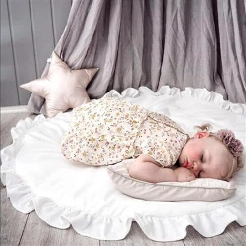 Soft Cotton Baby Rug White Baby Round Play Rug for Floor Washbale Crawling Mats Ruffled Tummy Time Mat Nursery Rug for Kids Children Toddlers White