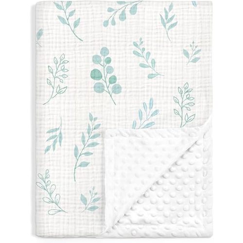 Baby Blankets for Boys Girls, Soft Nursery Minky Blankets with Muslin and Dotted Fleece Back 30x40 inches, Receiving Bed Quilt for Newborn, Infants, Toddlers (Leaf)