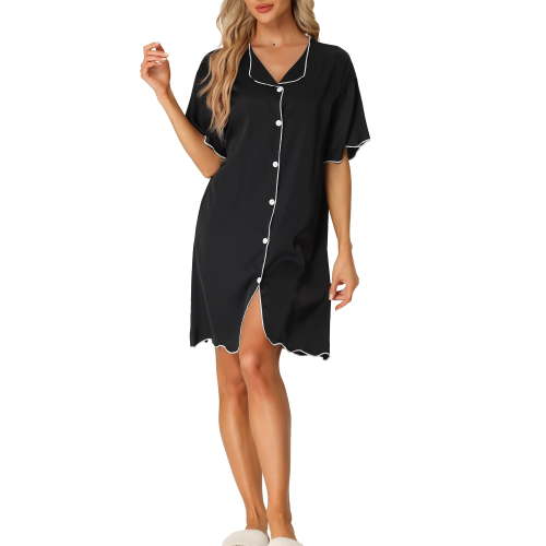 INSPIRE CHIC Women's Nightshirt Satin Short Sleeve Sleepshirt Button Down Pajama Nightgown L Black