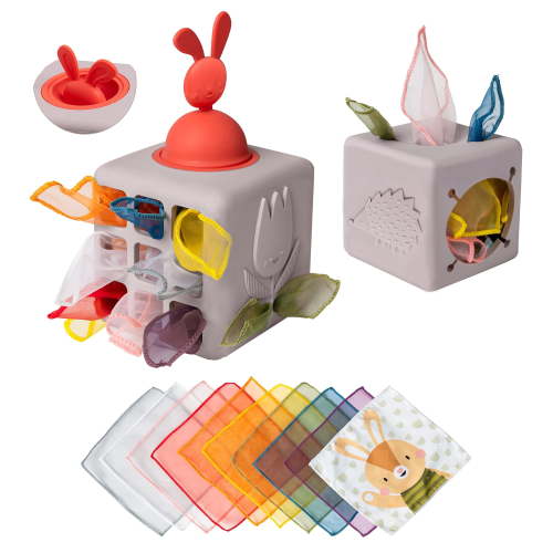Taf Toys Baby Tissue Box Toy Silicone Baby Toys 6-12 Months Montessori Toys Sensory Activity & 10 Tissues for Fine Motor Development soft Interactive Silicone Learning cube for 1 Year Old Toddlers