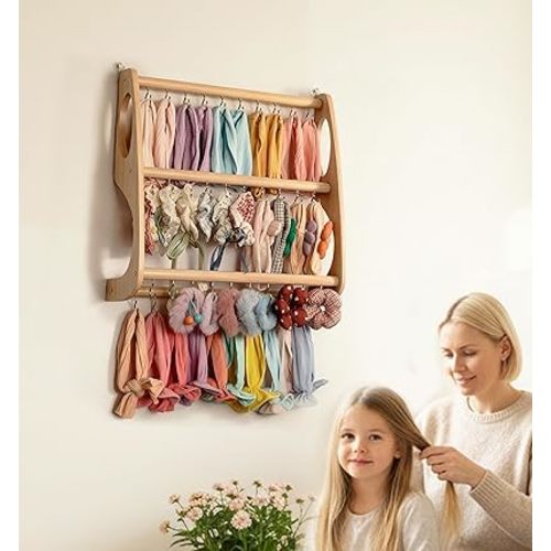 Headband Holdera Hair Bows Organizer for Girls Large Capacity Wall Hanging Storage with 40 Metal Hooks Hair Accessories Organizer for Baby Toddler Women Room Decor