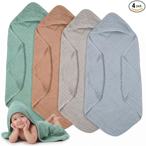 Peryiter 4 Pcs Muslin Hooded Baby Towels,Green, Gray, Rust, Blue