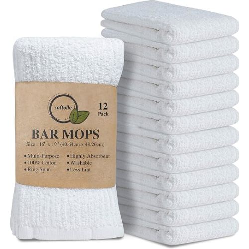 Softolle Kitchen Towels, Pack of 12 Bar Mop Towels -16x19 Inches -100% Cotton White Towels - Super Absorbent Bar Towels, Multi-Purpose for Home, Kitchen and Bar Cleaning (Sage Green)