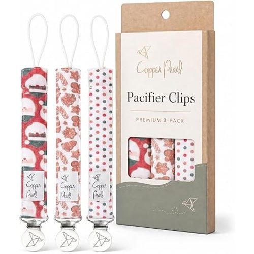 Copper Pearl 3-Pack Pacifier Holders: Premium Knit Binky Clips for Baby Girls and Boys - Stylish Stainless Steel Design for Secure No-Drop Attachment - Gingerbread