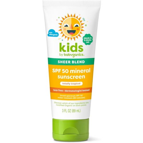 Babyganics SPF 50 Mineral Sunscreen Lotion, Sheer Blend, UVA UVB Protection, Octinoxate & Oxybenzone Free, Water Resistant, Totally Tropical, 3 oz