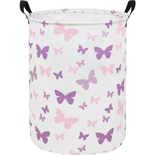 Round Fabric Collapsible Storage Basket with Handles, Purple Butterfly