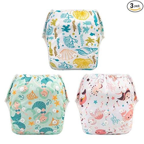Babygoal Baby Girl Swim Diapers 3 Pack for 0-8 Months Infant, Reusable Adjustable Washable for Swimming Lessons-Seaweed & Sea Crab
