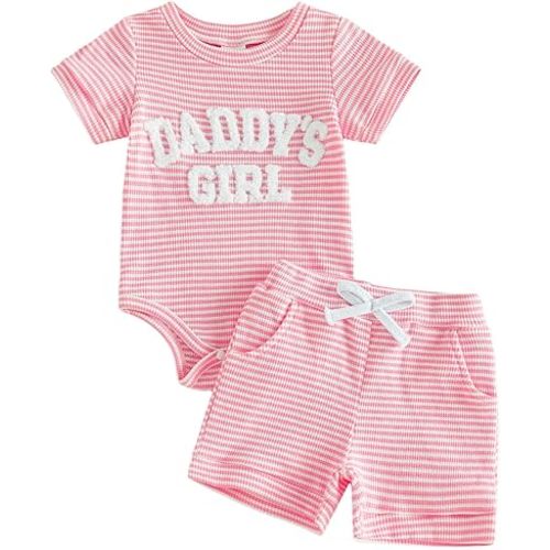 allshope Newborn Baby Girl Summer Outfit Set Romper Daddy Girl Embroidery Jumpsuit Tops Shorts Infant Waffle Clothes
