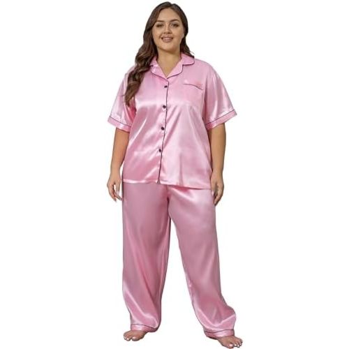 Vozanet Women's Plus Size Button Down Pajama Sets Satin Silky Short Sleeve Top & Pants Sleepwear Loungewear Nighty XL to 5XL
