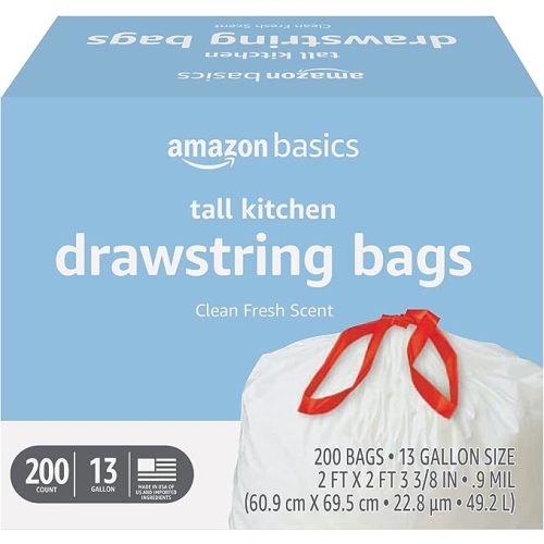 Amazon Basics Scented Trash Bags, Tall Kitchen Drawstring, Clean Fresh Scent, 13 Gallon, 200 Count, Pack of 1