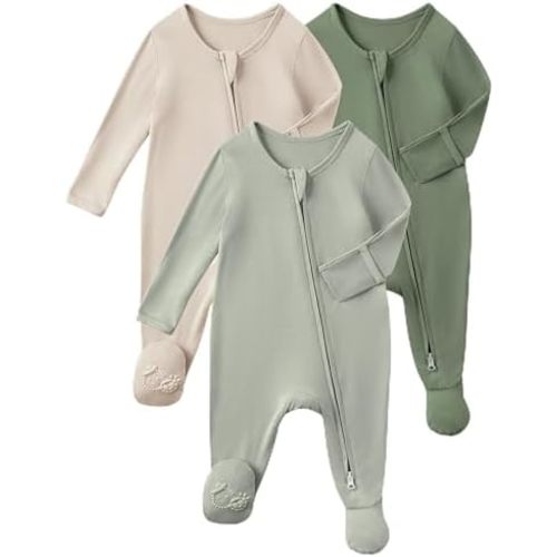 Yoofoss Rayon Made From Bamboo Baby Pajamas 3pcs Newborn Sleepers For Boy Girl Clothes, 3-6 Months Footed Pajamas Zipper Baby Pjs with Mitten,Sage&green&beige