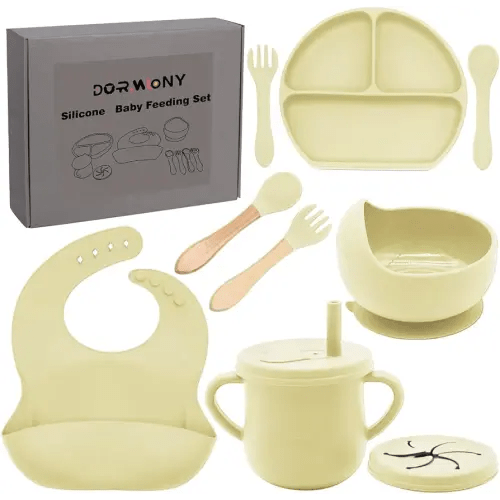 100% Silicone baby feeding set,BPA free Baby dishes set with Suction Bowl Divided Plate,Toddler Self Feeding Dish Set with Spoons Forks Sippy Cup And Bib, Baby Eating Utensils (Yellow)