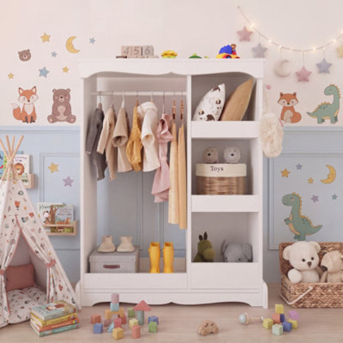 Trinx Kids Wooden Wardrobe Closet, Toddler Clothes Storage Cabinet with Full-Length Mirror, Multi-Shelf Garment Organizer for Children Bedroom Playroom | Wayfair